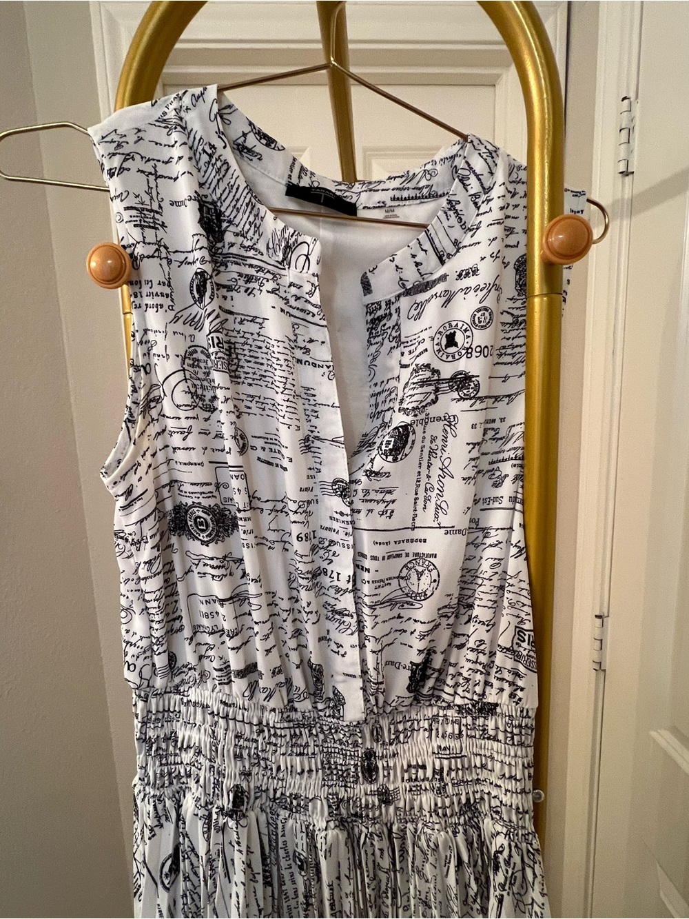 Tahari White Midi Dress with Black Script and Stamp Print